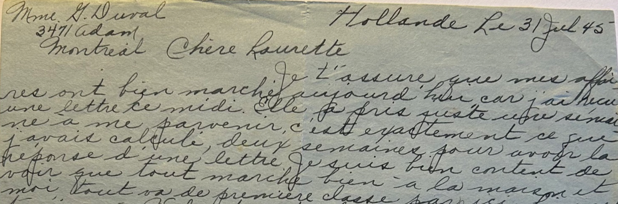 Lettre du sergent Laurent Melançon à sa seour.